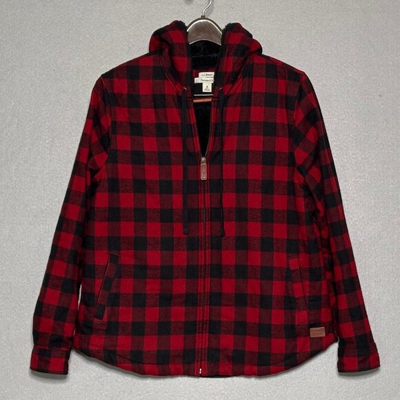 LL Bean Relaxed Fit Flannel Shacket Sherpa Lined Red/Black Plaid Hoodie Medium - Picture 1 of 12